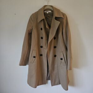 DKNY Women's Wool Coat Double Breasted Trench Camel Size 2 Gorgeous Winter Snow